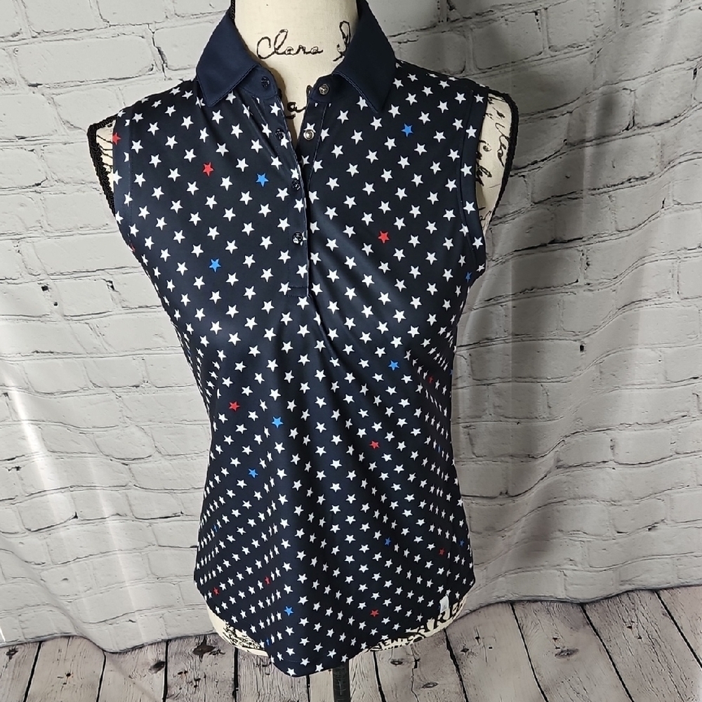 Lady Hagen Star Patterned Sleeveless Collared Navy Golf Shirt Size XS